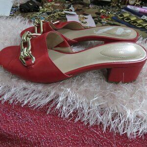 BOGO Bandolino Red Leather Gold Chain Embellished Chunky Heeled Mule Sandal sz 6